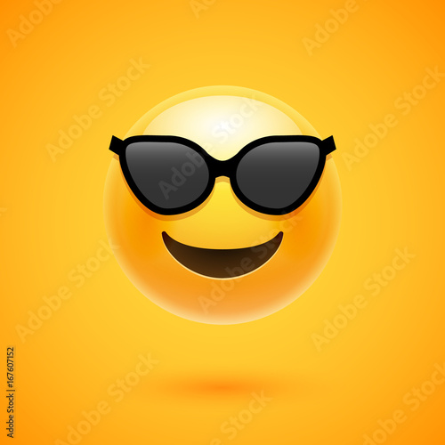 Happy emoji smile in sunglass. Yellow round emoticon cartoon character isolated illustration