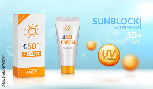 Sunblock ad template. Sun protection cosmetic. Moisturizer cream vector design background