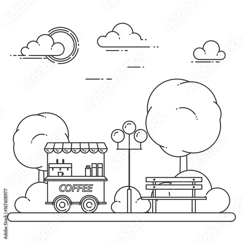 Autumn city landscape with bench, coffee truck in central park. Vector illustration. Line art.