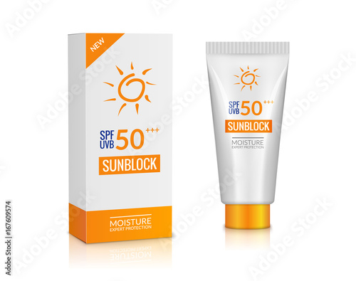 Sunblock ad template. Sun protection cosmetic. Moisturizer cream vector design background