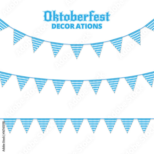 Oktoberfest buntings. Decorations for Oktoberfest. Garland buntings of Bavarian checkered blue flag.
