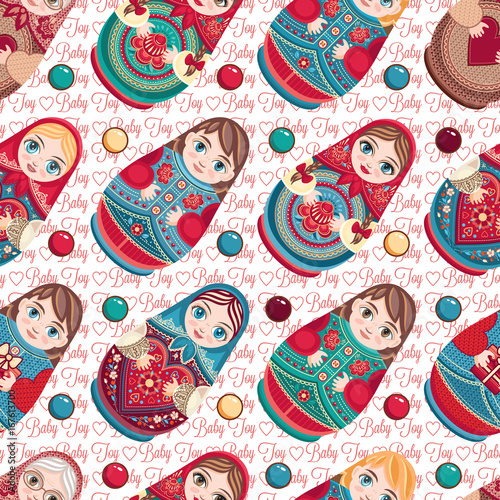 Russian souvenir. Matryoshka - babushka doll. Seamless pattern. Vector