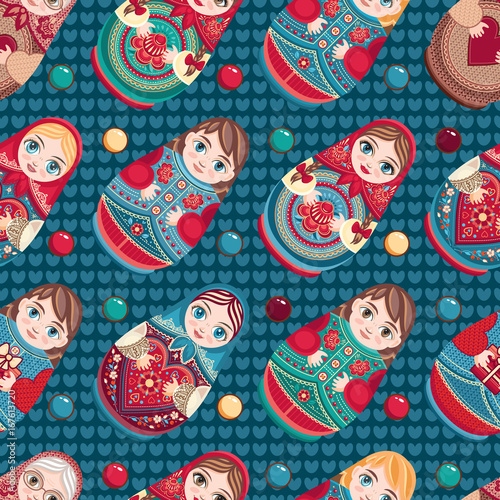 Russian souvenir. Matryoshka - babushka doll. Seamless pattern. Vector