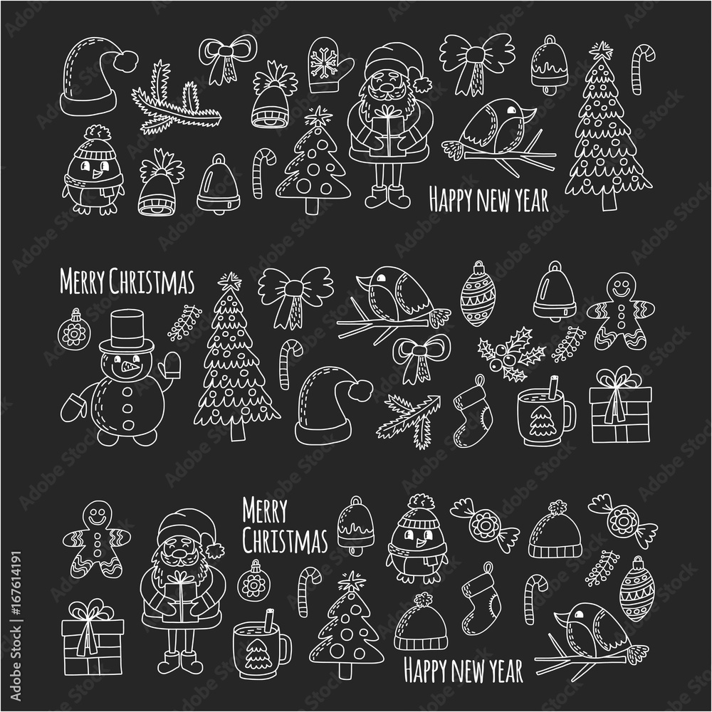 Christmas New year Santa Claus Doodle vector icons Presents Birds Christmas tree Candy Christmas bell Snowflake Christmas New year Santa Claus Doodle vector icons Presents Birds Christmas tree Candy Christmas bell Snowflake