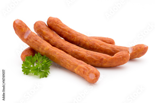 Stack of smoked sausages isolated on a white background.