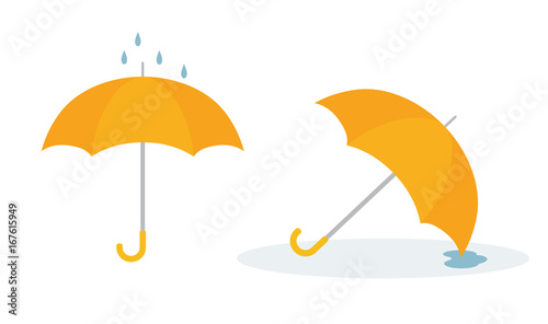 Open yellow umbrella isolated on white background. Flat style, vector illustration.
