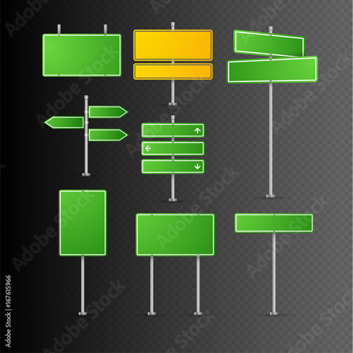 Road sign isolated. Highway traffic green signs. Transportation way information vector isolated plates.