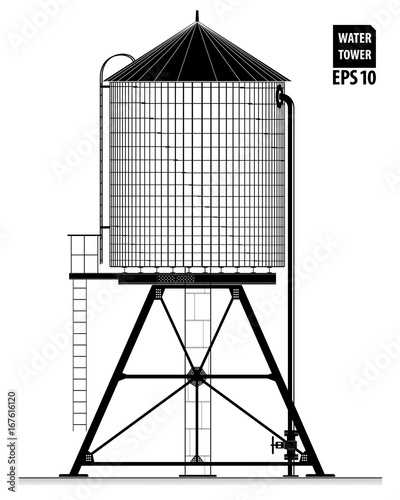 Water tower on the roof of a building in New York. Black contour with the drawing of details. Water supply and savings.