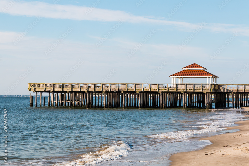 The public viewing pier at Buckroe Beach in Hampton, Virginia allows non-fisherman to enjoy the ocean view or relax in the gazebo.
