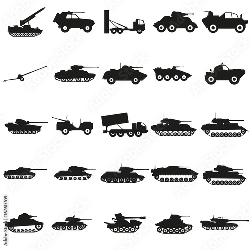 Set Army transport black silhouette icons Vector.