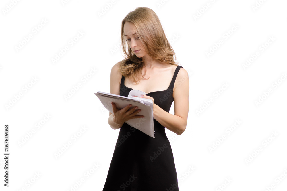 Young woman in a black dress with a pile of papers Young woman in a black dress with a pile of papers