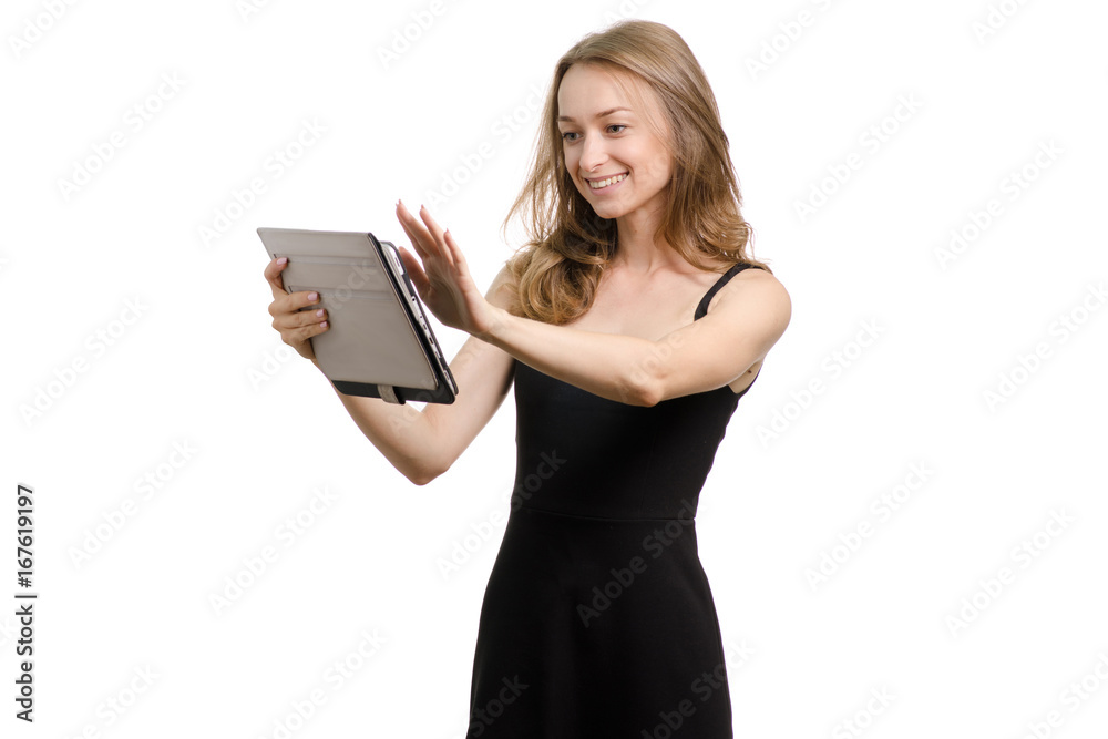 Young woman in black dress with tablet Young woman in black dress with tablet