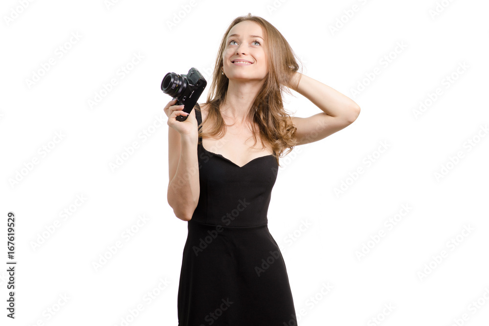 Young woman with an old camera Young woman with an old camera