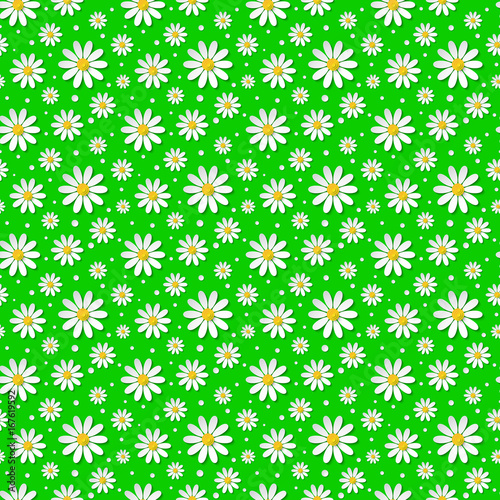 Seamless floral pattern with 3d chamomiles on green background. Vector illustration