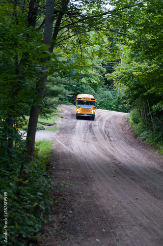 yellow school bus driving down a rural road