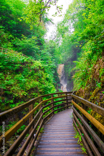 Waterfall Trail at Glenariff Forest Park, Co. Antrim. Hiking in Northern Ireland. Causeway Coastal Route.