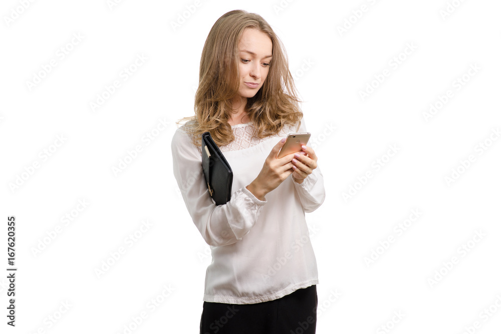 Beautiful girl with clutch and telephone small bag Beautiful girl with clutch and telephone small bag