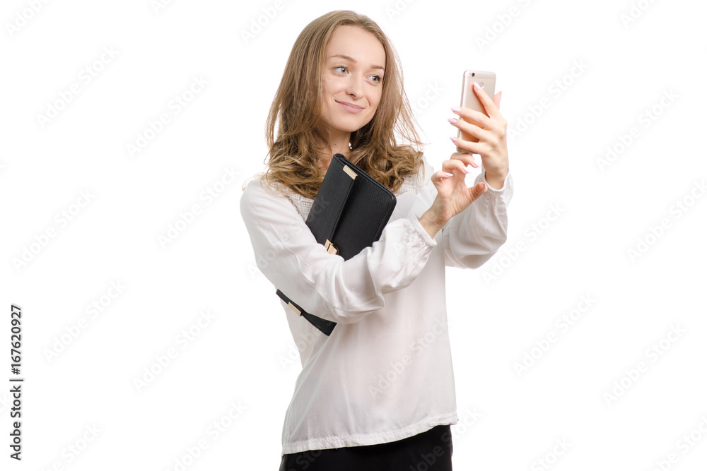 Beautiful girl with clutch and telephone small bag Beautiful girl with clutch and telephone small bag