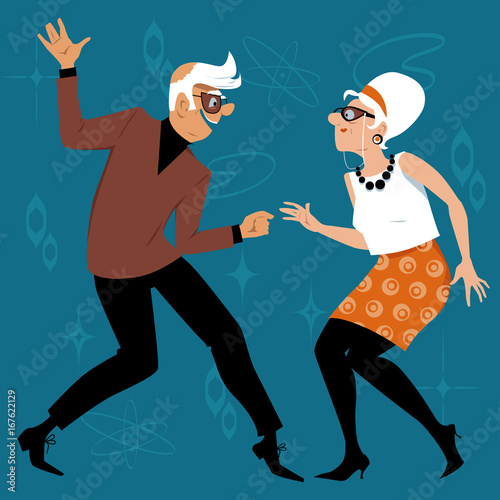 Mature couple dressed in 1960th fashion dancing the Twist, EPS 8 vector illustration