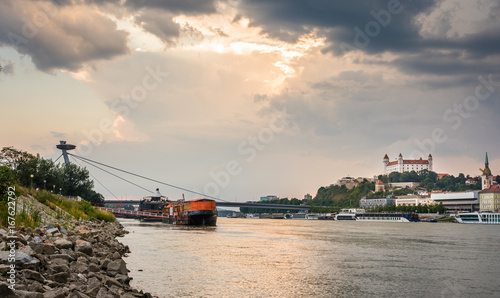 Photography Cityscape of Bratislava, Slovakia as Seen from a Bridge over Danube River Towards Old Town of Bratislava with Castle