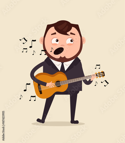 Happy smiling office worker businessman character sing song and play guitar on corporate event in club. Vector flat cartoon illustration