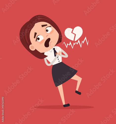 Sad unhappy office worker business woman character have heart attack. Vector flat cartoon  illustration