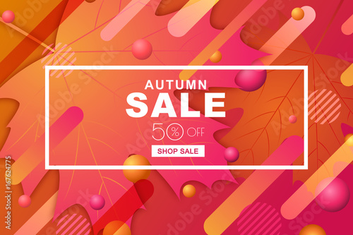 Autumn sale horizontal banners with paper maple leaves and motion geometric s...