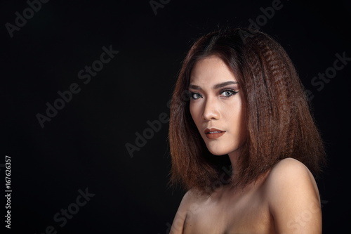 Clean Skin Woman straight brown hair with Smooth pose open shoulder smile