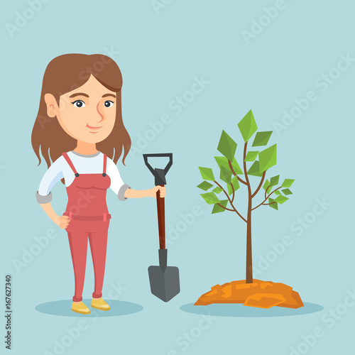 Young smiling caucasian woman planting a tree. Cheerful woman standing with shovel near newly planted tree. Concept of environmental protection. Vector cartoon illustration. Square layout.