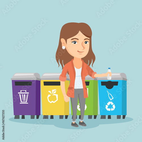 Young caucasian woman standing near four trash cans and throwing out a plastic bottle in an appropriate garbage bin. Concept of garbage separation. Vector cartoon illustration. Square layout.