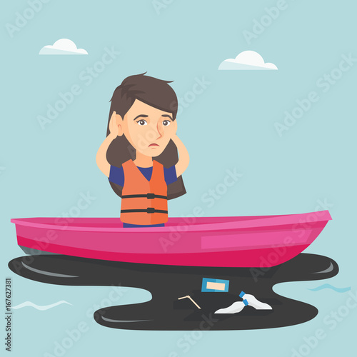 Caucasian sanitation worker floating on a boat in polluted water. Frustrated woman clutching head while looking at polluted water. Water pollution concept. Vector cartoon illustration. Square layout.