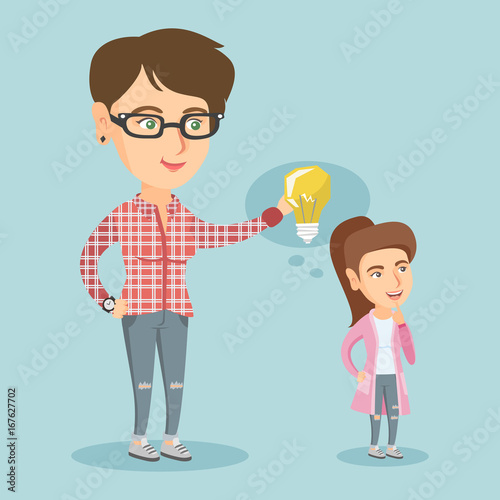 Cheerful caucasian business woman giving idea lightbulb to her partner. Young woman holding idea lightbulb over head of her collegue. Business idea concept. Vector cartoon illustration. Square layout.
