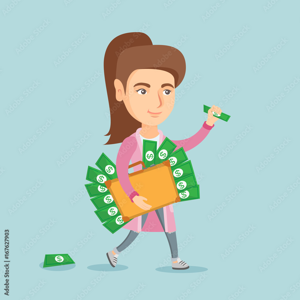 Young corrupt caucasian executive manager walking with briefcase full of money. Concept of corruption, bribery and economic crime. Vector cartoon illustration. Square layout. Young corrupt caucasian executive manager walking with briefcase full of money. Concept of corruption, bribery and economic crime. Vector cartoon illustration. Square layout.