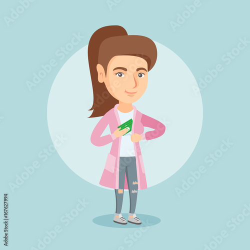 Caucasian executive putting bribe in her pocket. Young executive hiding bribe in the pocket of jacket. Bribery and corruption concept. Vector cartoon illustration. Square layout.