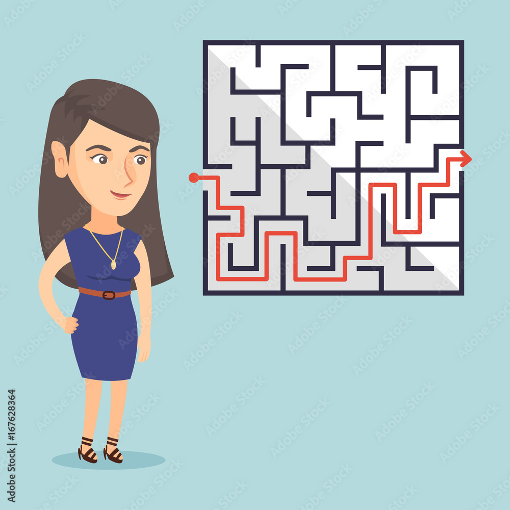 Young business woman looking at labyrinth with solution. Caucasian business woman thinking about business solution. Business solution concept. Vector cartoon illustration. Square layout. Young business woman looking at labyrinth with solution. Caucasian business woman thinking about business solution. Business solution concept. Vector cartoon illustration. Square layout.