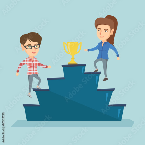 Two caucasian business women competing for the business award. Competitive business women running up for the winner cup. Business competition, award concept. Vector cartoon illustration. Square layout