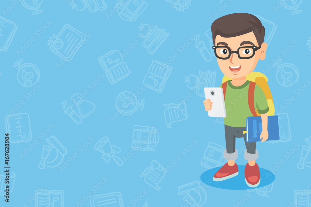 Caucasian smiling boy with backpack using a cellphone. Little boy in glasses holding cellphone and schoolbook in hands. Vector sketch cartoon illustration. Horizontal layout. Caucasian smiling boy with backpack using a cellphone. Little boy in glasses holding cellphone and schoolbook in hands. Vector sketch cartoon illustration. Horizontal layout.