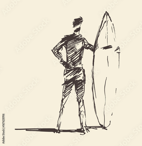 Drawn vector young man beach surfboard sketch