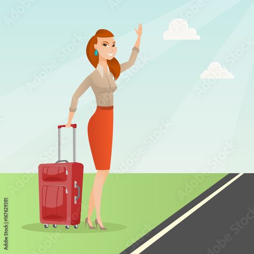 Caucasian woman with suitcase hitchhiking on the roadside. Hitchhiking woman trying to stop a car on a highway. Woman catching a taxi car by waving hand. Vector cartoon illustration. Square layout.