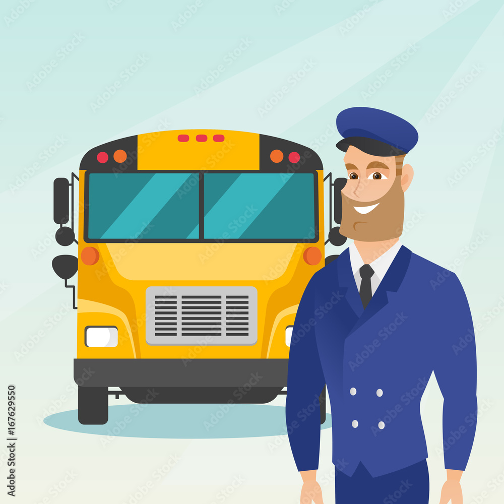 Caucasian cheerful school bus driver standing on the background of yellow bus. Smiling hipster school bus driver in uniform. Cheerful school bus driver. Vector cartoon illustration. Square layout.