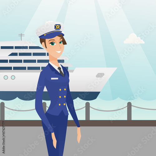 Caucasian female ship captain standing on the background of sea and cruise ship. Young smiling ship captain in uniform standing on the seacoast background. Vector cartoon illustration. Square layout.