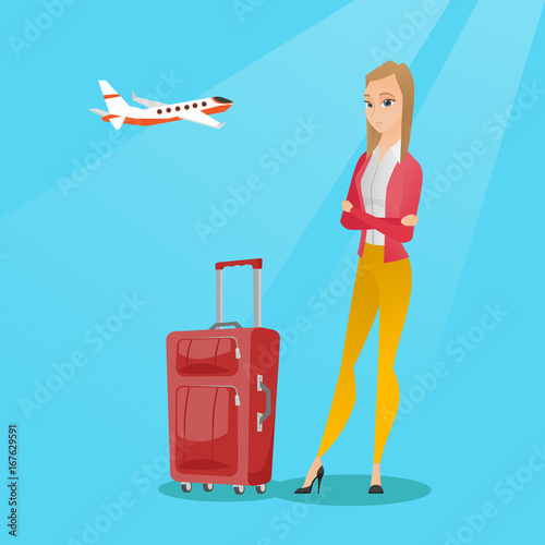 Young caucasian airplane passenger frightened by future flight. Woman suffering from fear of flying. Terrified passenger with suitcase waiting for a flight. Vector cartoon illustration. Square layout.