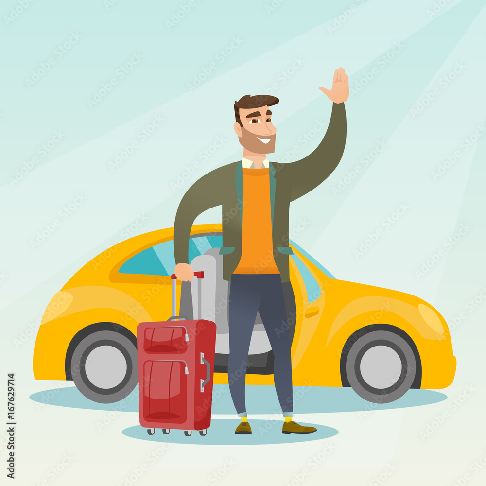 Caucasian man with suitcase standing on the background of car with open door. Young happy man waving in front of car. Cheerful man going on vacation by car. Vector cartoon illustration. Square layout. Caucasian man with suitcase standing on the background of car with open door. Young happy man waving in front of car. Cheerful man going on vacation by car. Vector cartoon illustration. Square layout.