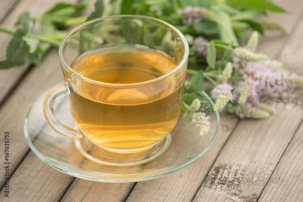 A glass mug with golden tea with leaves and mint flowers stands on a saucer and on a wooden table in summer A glass mug with golden tea with leaves and mint flowers stands on a saucer and on a wooden table in summer