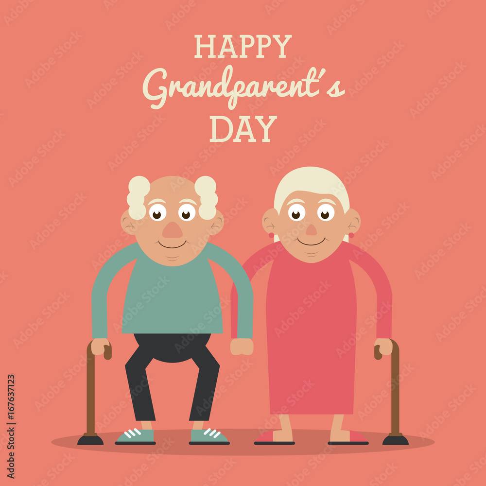 salmon color card with text happy grandparents day with elderly couple and both with walking sticks vector illustration salmon color card with text happy grandparents day with elderly couple and both with walking sticks vector illustration