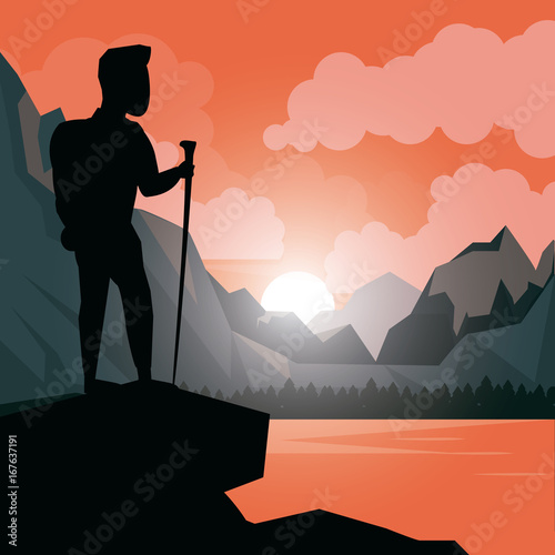 colorful sunset landscape of climber man at the top of mountain vector illustration