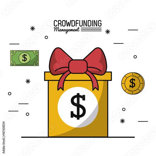 colorful poster of crowd funding management with gift box with money symbol vector illustration