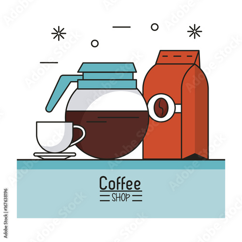 colorful poster of coffee shop with kettle and cup and bag of ground coffee vector illustration