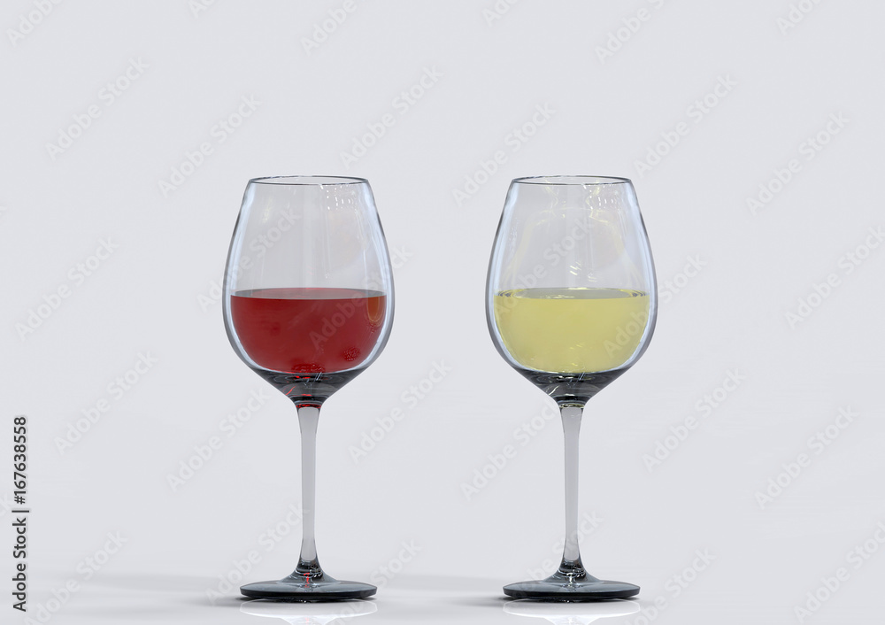 3d rendering. red and white wine in the glasses on gray background