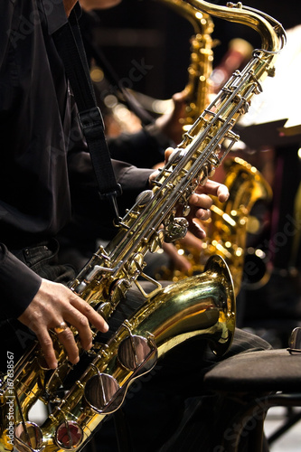 Sticker Hands musician playing the saxophone in a jazz band